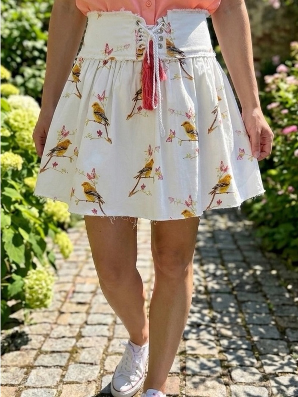 Blush 100% Cotton White Bird Print Lace-Up High-Waist Mini Skirt Stretchy Boho M
